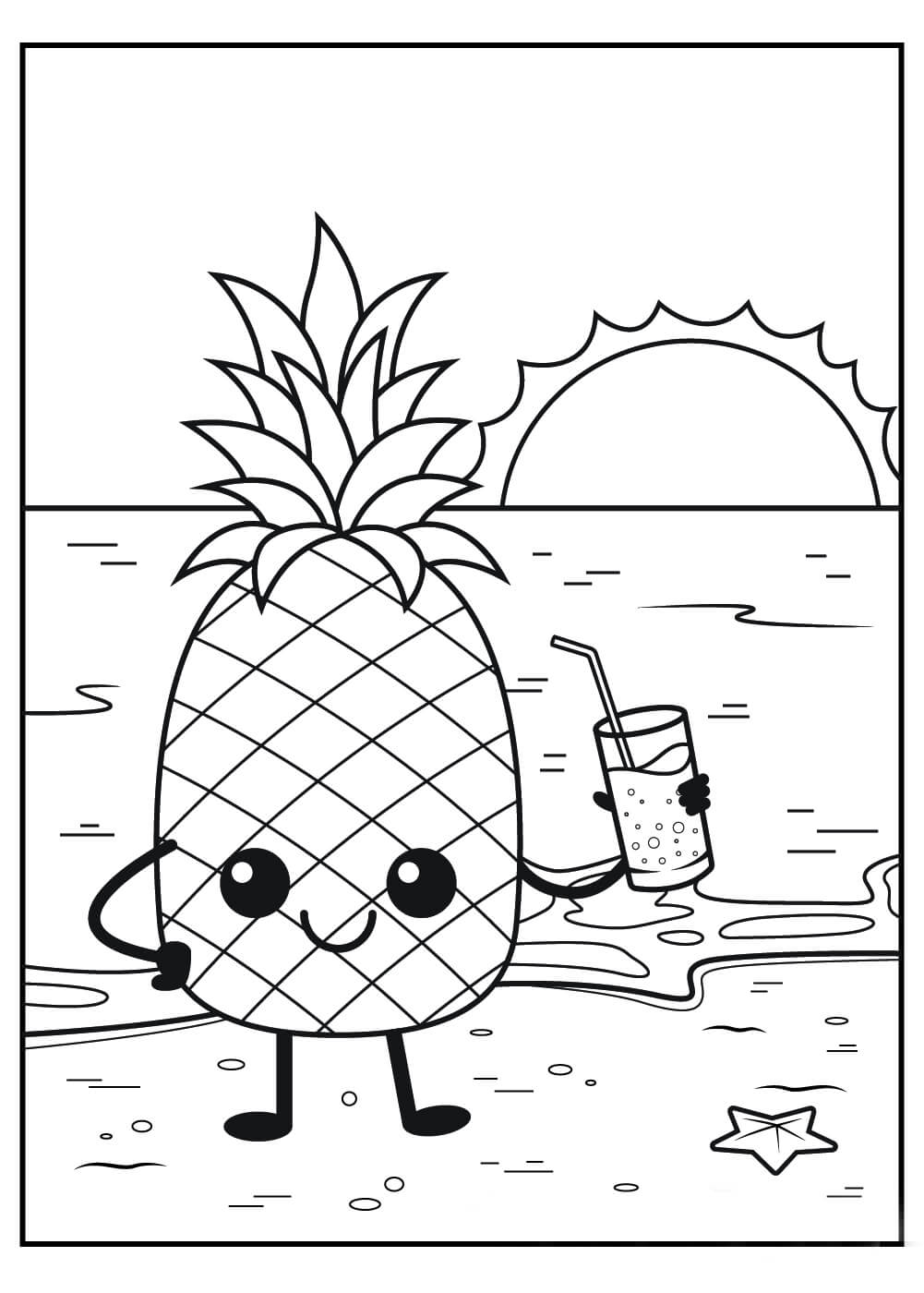 dibujo pina sonriendo en la playa para colorear
