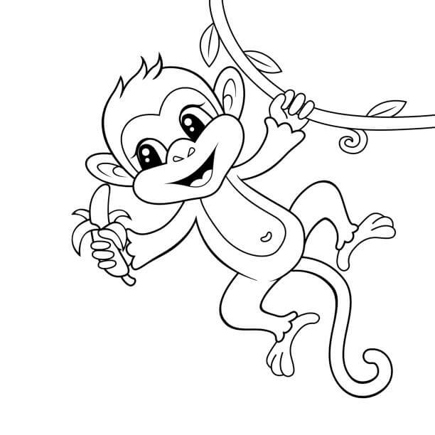 dibujo mono sosteniendo platano y escalando para colorear