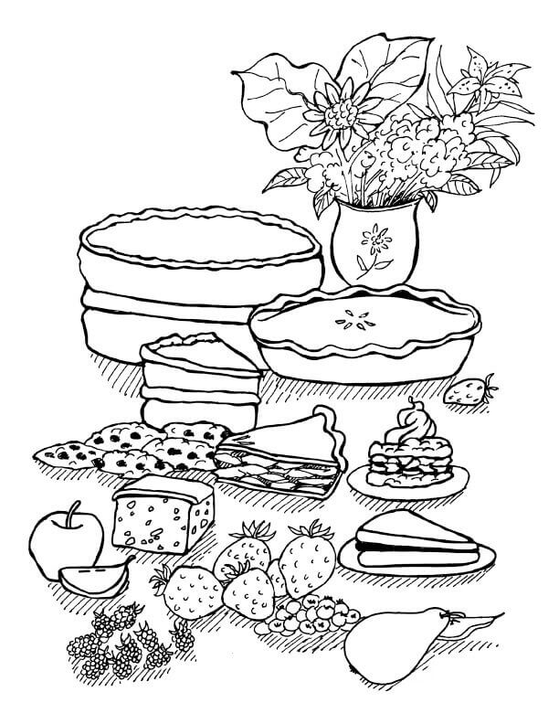 dibujo flor y postre para colorear
