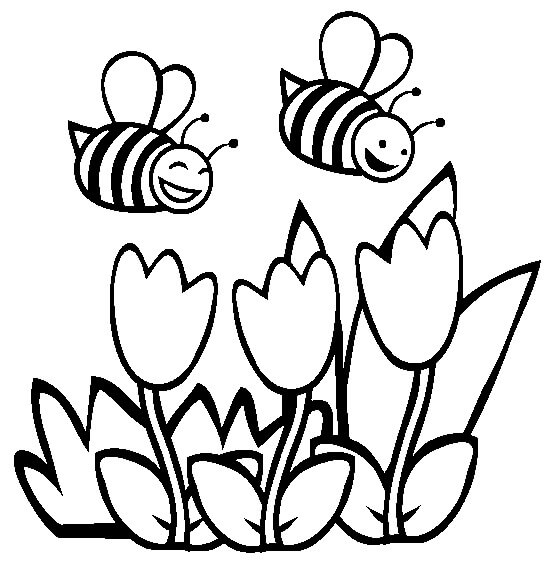 dibujos dibujar dos abejas con las flores en primavera para colorear