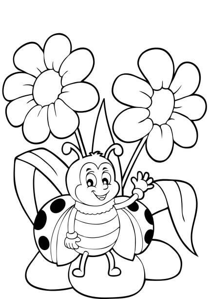 dibujos divertida mariquita con flor en primavera para colorear