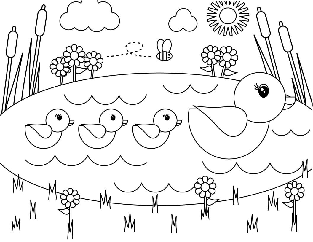 dibujos pato familiar en primavera para colorear