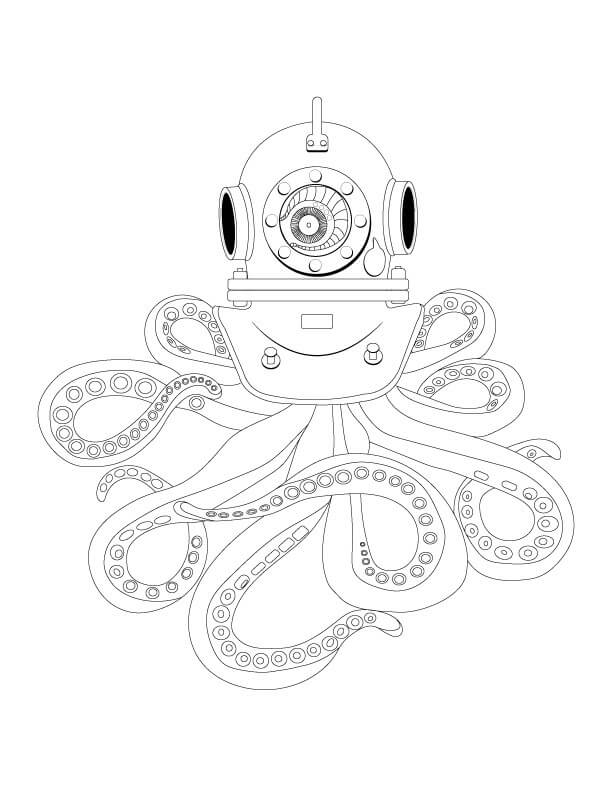 dibujo casco de buceo antiguo con pulpo colorear