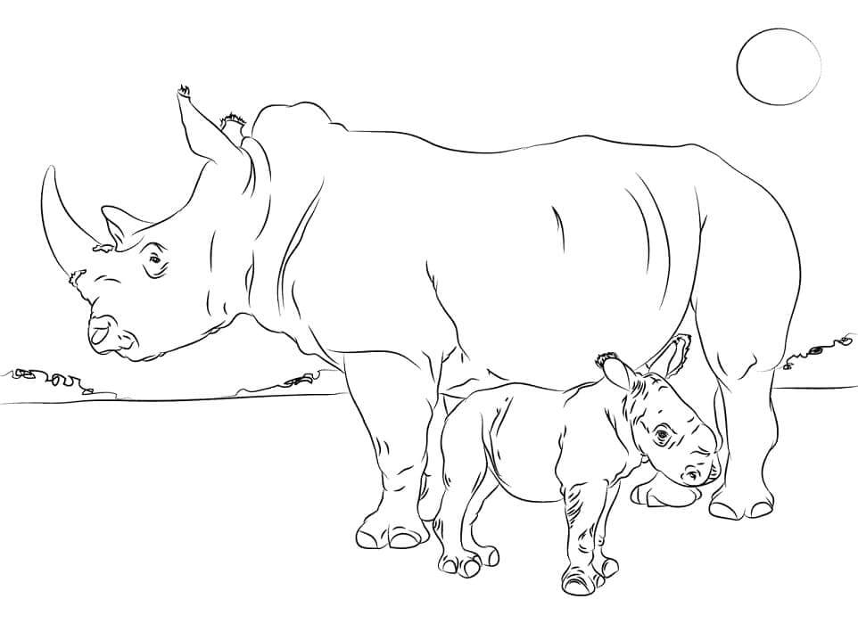dibujo madre rinoceronte y bebe para colorear