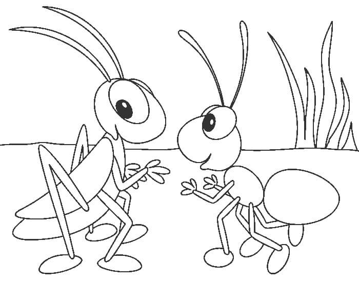 dibujo diversion de hormigas y saltamontes para colorear
