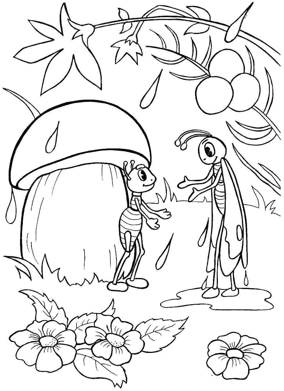 dibujo saltamontes y hormiga para colorear