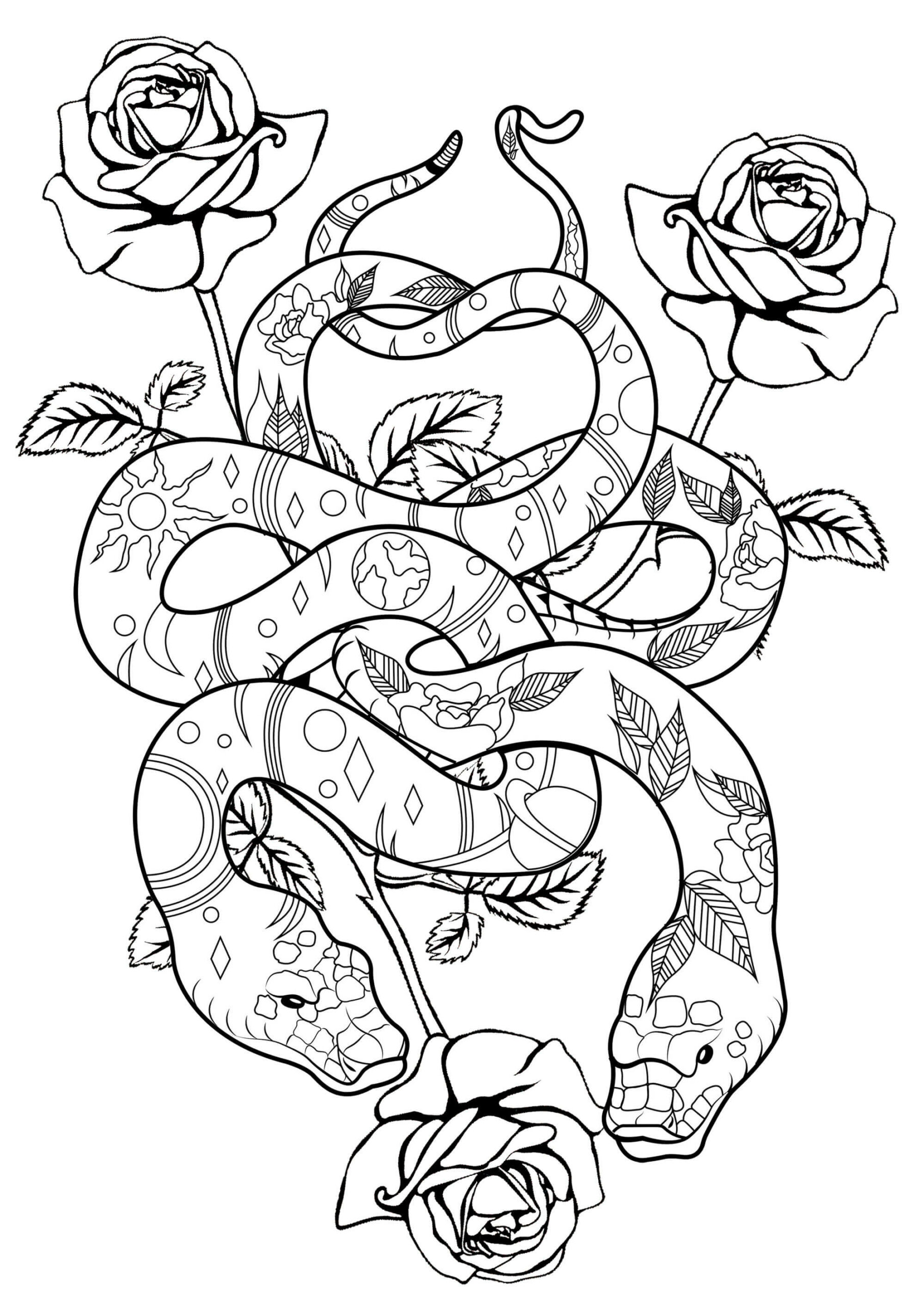 dibujo dos serpientes con rosas scaled para colorear