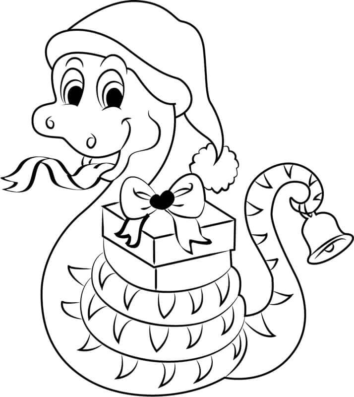 dibujo serpiente de navidad con caja de regalo y campana para colorear