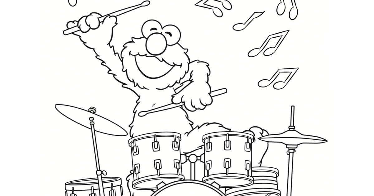 dibujo barrio sesamo elmo tocando el tambor para colorear