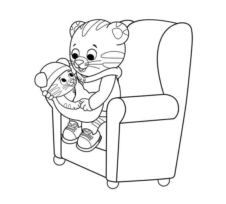 dibujo caricatura madre tigre proceso de llevar bebe tigre en silla para colorear