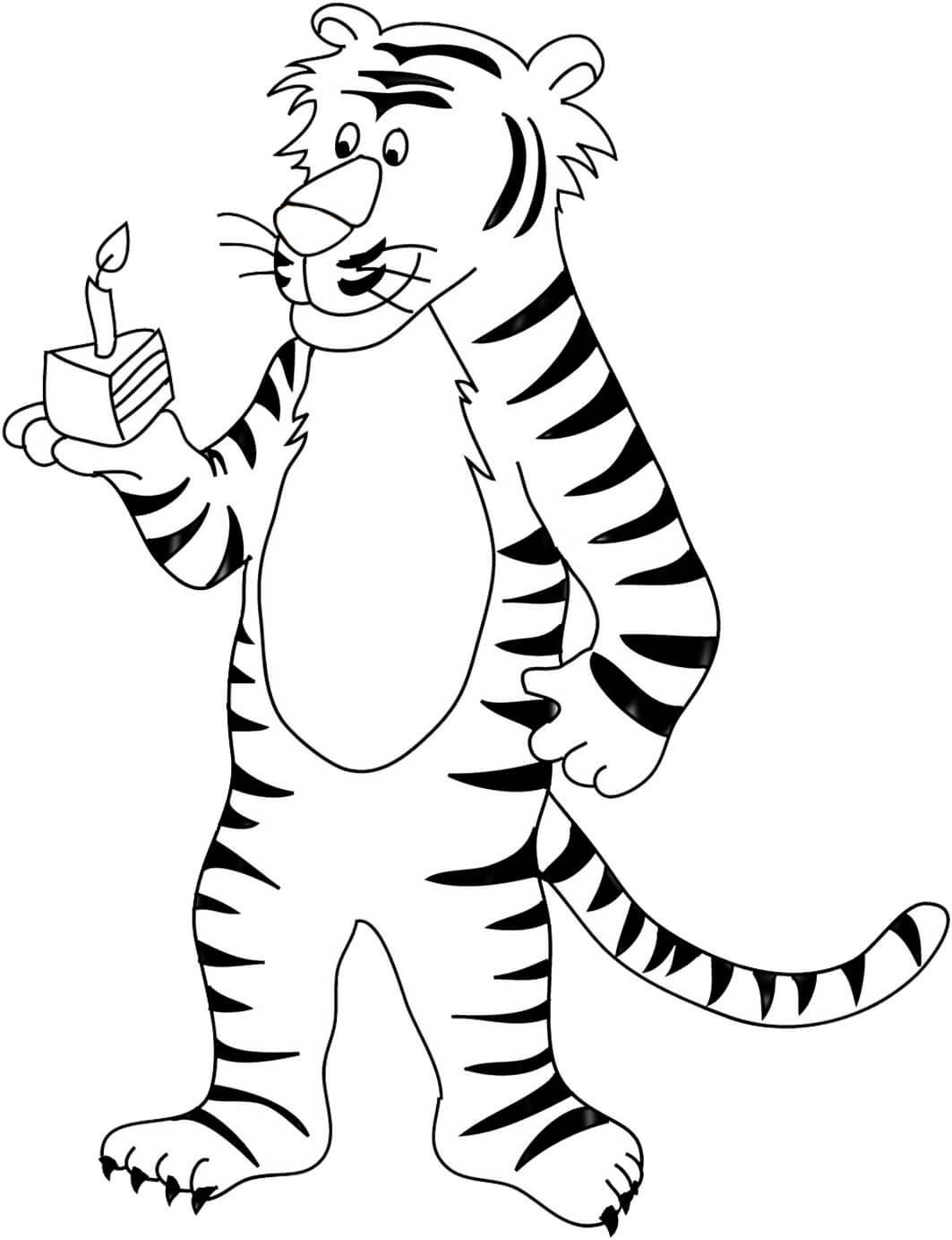 dibujo tigre de dibujos animados en feliz cumpleanos para colorear