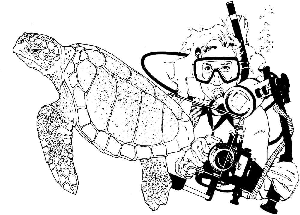 dibujo buceador y tortuga marina para colorear