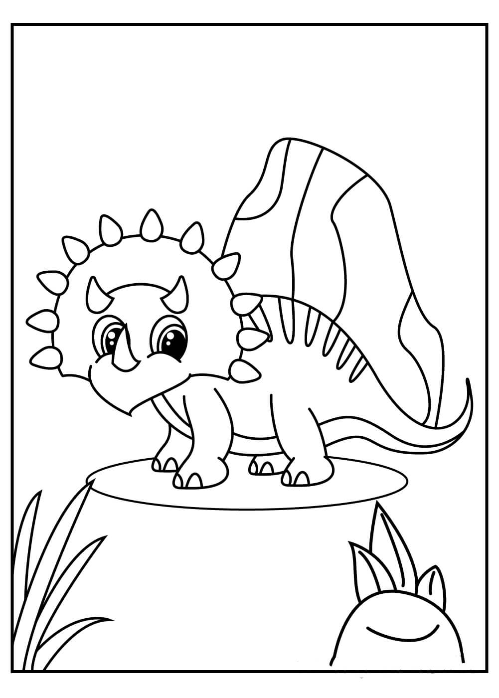 dibujo pequeno triceratop con roca para colorear