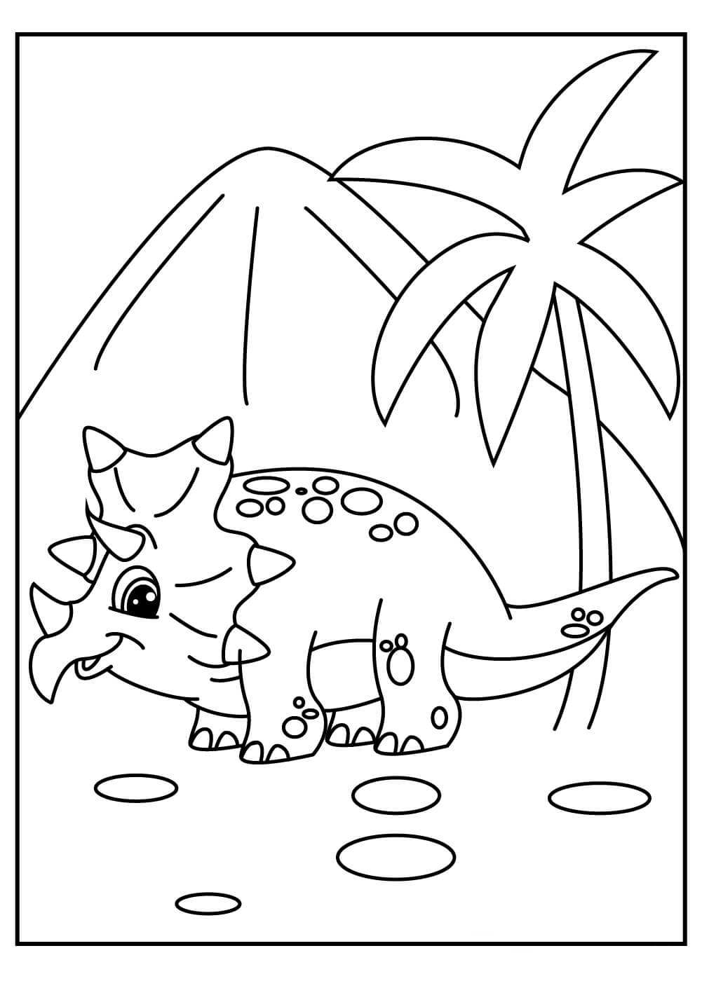 dibujo triceratop con montana y arbol para colorear