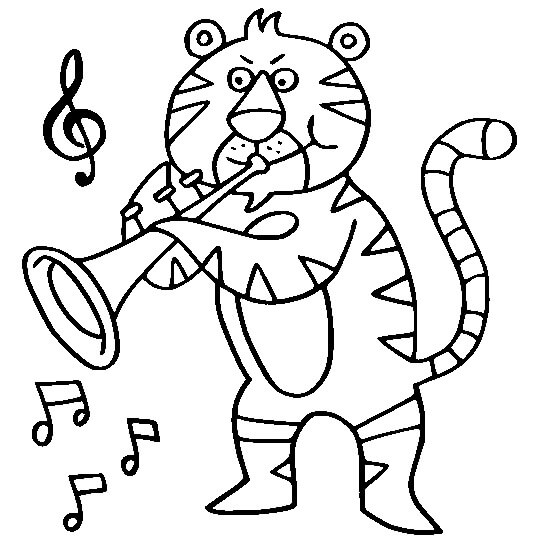 dibujo dibujo de tigre tocando la trompeta para colorear