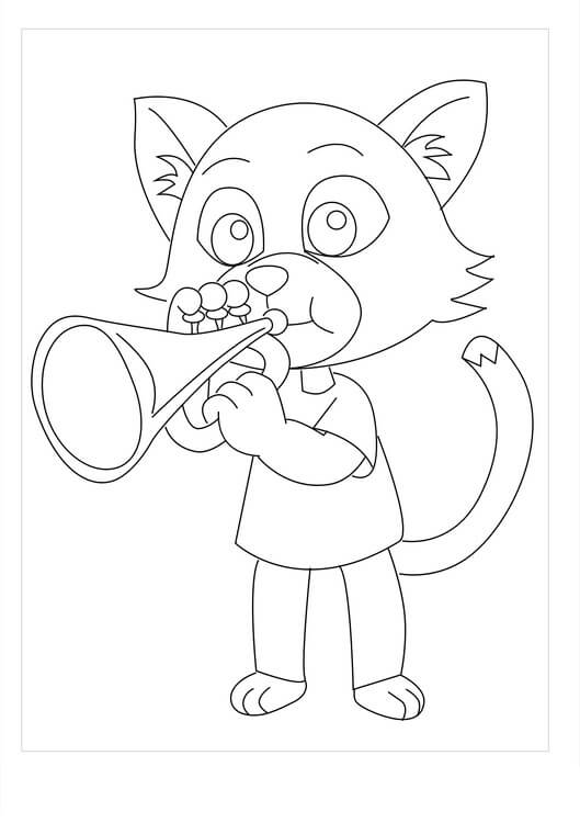 dibujo trompeta que sopla gato de dibujos animados para colorear